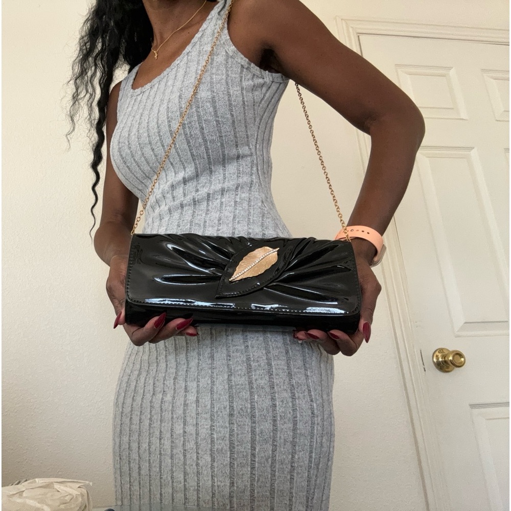 Black faux patent leather evening clutch